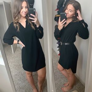 V Neck Long Sleeve Black Dress High Low hem